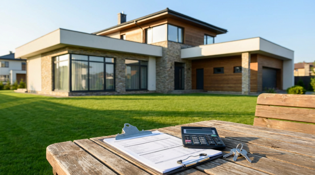 Photorealistic modern suburban house with manicured lawn under clear blue sky, foreground featuring calculator, keys, and clipboard with documents on wooden table symbolizing home insurance and financial planning, soft natural light, detailed realistic textures
