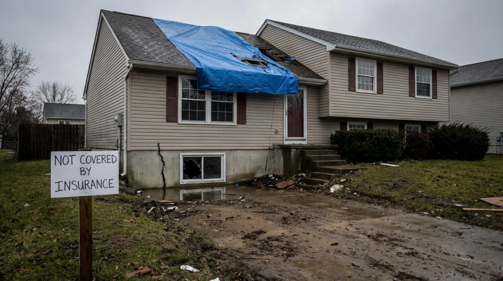 Photorealistic image of a suburban house with a broken roof, flooded basement, and cracked foundation under a cloudy gray sky, illustrating severe home damage not covered by insurance, empty driveway, high detail and sharp focus, natural lighting