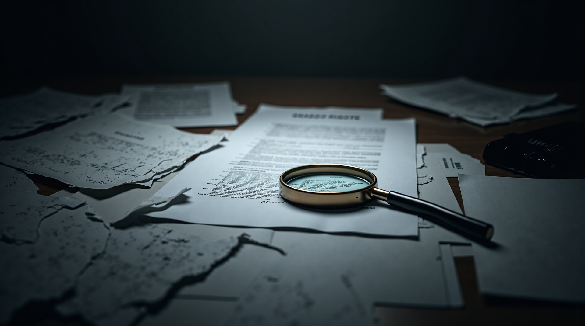 photorealistic cluttered desk with scattered insurance documents torn contracts and magnifying glass highlighting small print dim lighting serious investigative atmosphere neutral office background emphasizing complexity and hidden details in insurance processes