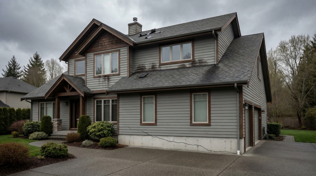 Photorealistic modern suburban house exterior showing common home insurance exclusions like cracked foundation, water stains on walls, and broken roof shingles under cloudy sky