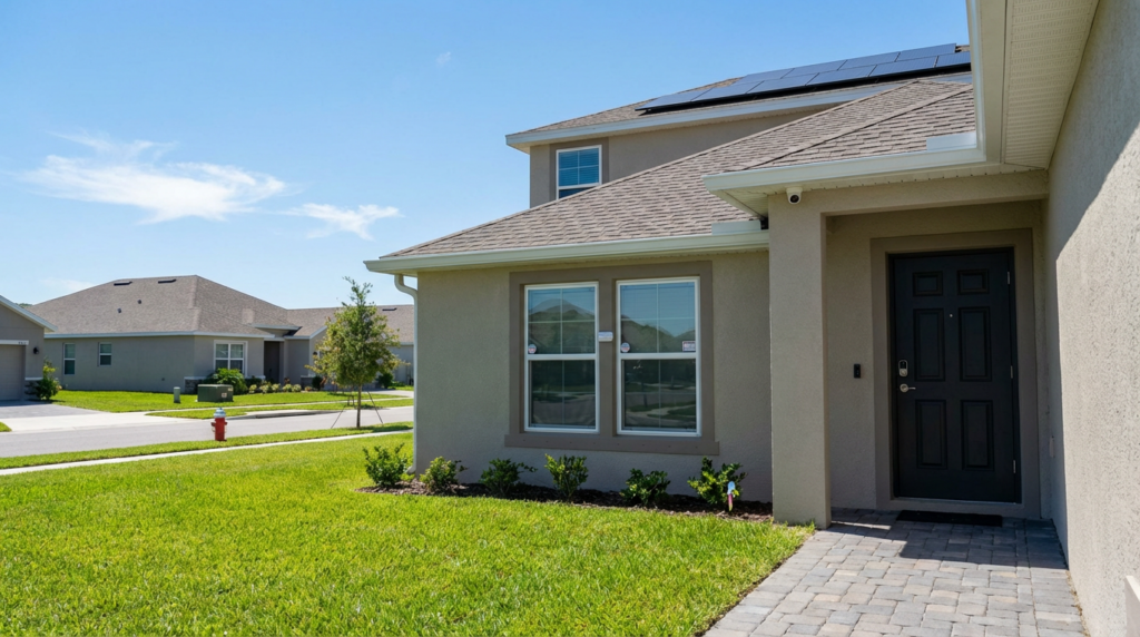 Photorealistic modern suburban house with secure front door, well-maintained lawn, clear blue sky, and neighborhood street, illustrating home safety, property value, and factors influencing home insurance premiums