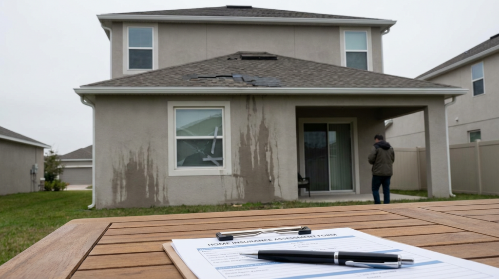Photorealistic image of a modern suburban house with broken window, missing roof shingles, and water stains under cloudy sky, with clipboard and pen on wooden table in foreground representing home insurance assessment and damage protection.