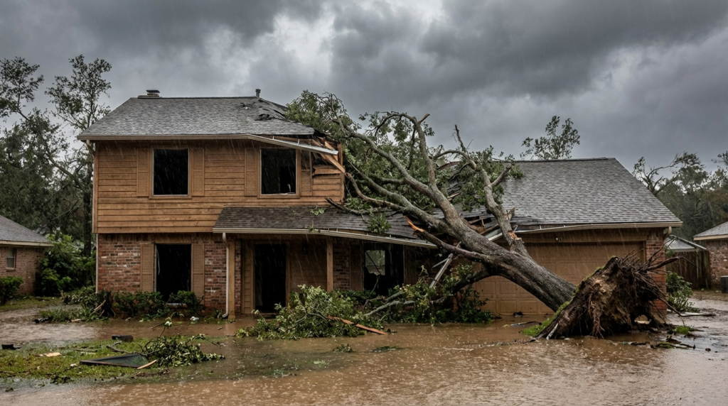 Photorealistic image of a suburban house damaged by natural disasters with a large fallen tree on the roof and flooding around the foundation under a stormy sky with heavy rain and dark clouds highlighting home vulnerability