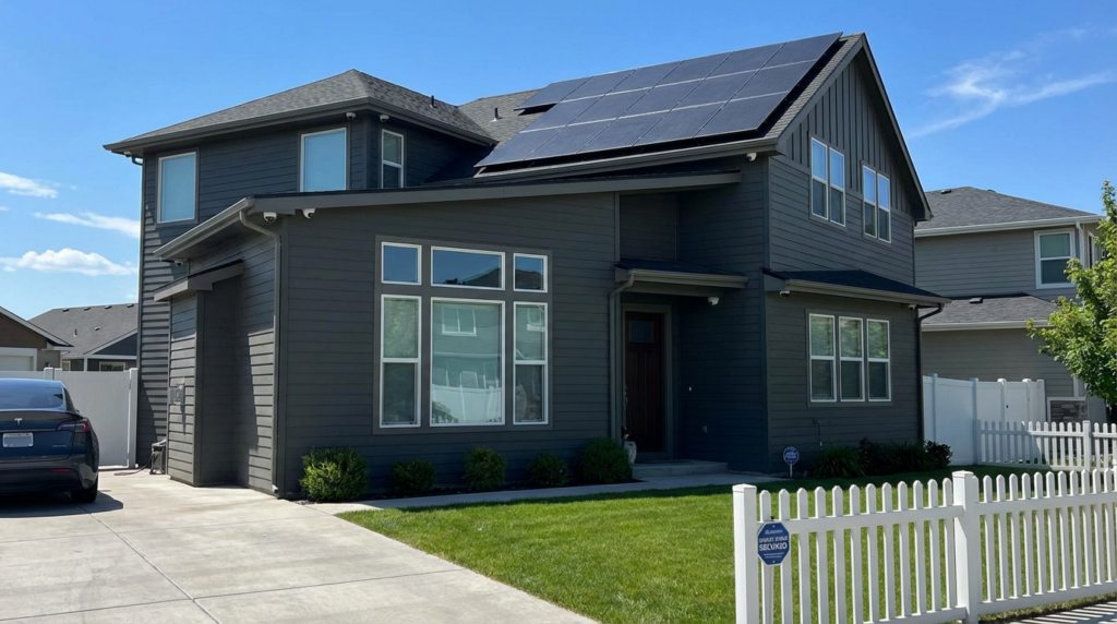 Photorealistic modern suburban house with solar panels, energy-efficient windows, security cameras, well-maintained lawn, white picket fence, and neat driveway representing smart home improvements and home insurance savings