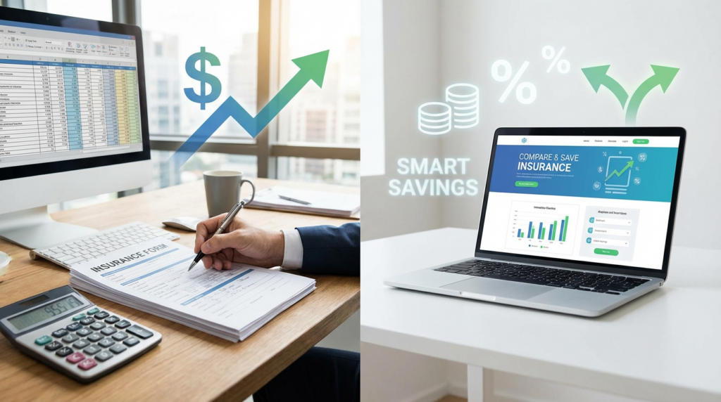 Photorealistic split scene of a modern insurance broker's office with paperwork, calculator, and computer on one side, and a sleek online insurance platform on a laptop on the other, symbolizing financial decision-making, cost comparison, and money savings with subtle dollar signs and graphs in a bright, clean background